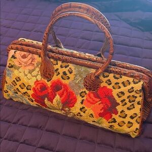 Clever Carriage Co. Floral Needlepoint Doctor Satchel, Croco Embossed Leather